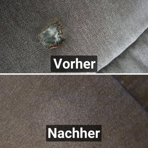 Bild oben: Nahaufnahme einer Stoffoberfläche mit einer Brandstelle mit der Aufschrift „Vorher“. Bild unten: Dieselbe Stoffoberfläche, nun nahtlos restauriert mit einem ATG® Auto-Teppich und Polster Reparaturset der ATG GmbH & Co. KG, Aufschrift „Nachher“.
