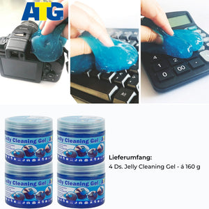 Das ATG® Jelly Reinigungsgel | 4er Set der ATG GmbH & Co. KG beinhaltet 4 Packungen (je 160g), ideal zum Entfernen von Staub und Schmutz von Geräten wie Kameras und Taschenrechnern, wie auf den Bildern zu sehen.