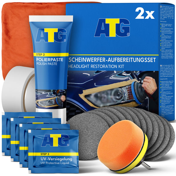 Das ATG® Scheinwerfer-Aufbereitungsset 2er Sparset der ATG GmbH & Co. KG ist perfekt für Ihr nächstes DIY-Projekt. Es enthält Polierpaste, UV-Schutzflüssigkeit, Polierpads, Kreppband, Mikrofasertuch und eine Verpackungsbox, um trübe und zerkratzte Scheinwerfer wieder in einen neuwertigen Zustand zu versetzen.