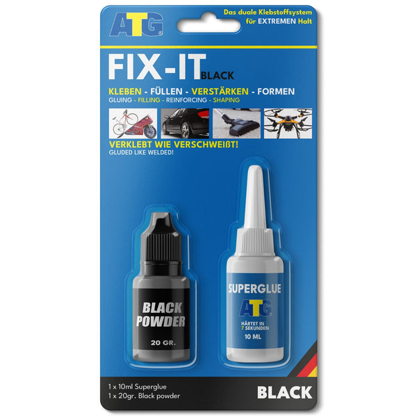 Das ATG FIX-IT Die flüssige Schweißnaht schwarz von ATG GmbH & Co. KG beinhaltet eine 20g Flasche Schwarzpulver und einen 10ml Sekundenkleber für Reparaturen, beschriftet zum Kleben, Füllen, Verstärken und Formen für eine dauerhafte Verbindung.