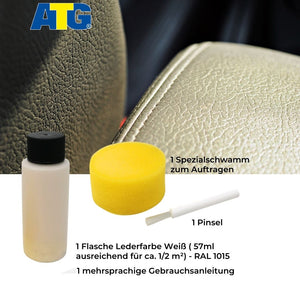 Ein Lederreparaturset mit einer Flasche ATG® Lederfarbe hellbeige von ATG GmbH & Co. KG, einem gelben Schwamm, einer kleinen Bürste und einer mehrsprachigen Gebrauchsanweisung. Der Text in deutscher Sprache beschreibt den Inhalt und die Anwendungsmethode, um sicherzustellen, dass Ihre Lederprodukte wirksam geschützt sind.
