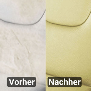 Vergleich einer Lederoberfläche vor und nach der Reinigung. Die linke Seite zeigt eine schmutzige und rissige Struktur mit der Aufschrift „Vorher“, während die rechte Seite, geschützt mit ATG® Lederfarbe hellbeige der ATG GmbH & Co. KG, eine saubere und glatte Oberfläche mit der Aufschrift „Nachher“ aufweist.