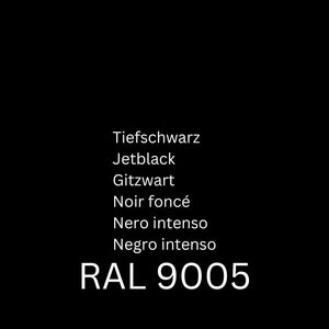 Ein schwarzer Hintergrund mit der Aufschrift „RAL 9005“ in weißem Text sowie verschiedenen Übersetzungen von „tiefschwarz“ in Deutsch, Englisch, Niederländisch, Französisch, Italienisch und Spanisch. Ideal für alle, die Lederprodukte schützen oder Kratzer mit einer hochwertigen Lederfarbe wie ATG® Lederfarbe schwarz von ATG GmbH & Co. KG abdecken möchten.