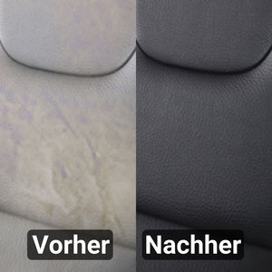 Nebeneinanderstellung eines Autositzes vor und nach der Reinigung. Die linke Seite mit der Aufschrift „Vorher“ ist fleckig und verfärbt. Die rechte Seite mit der Aufschrift „Nachher“ erscheint sauber und schwarz dank ATG® Lederfarbe schwarz von ATG GmbH & Co. KG, die auch dazu beiträgt, Lederprodukte zu schützen und Kratzer zu verdecken.