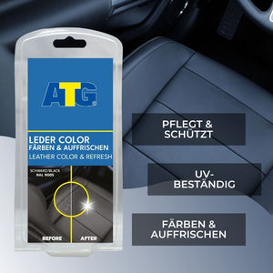 Ein verpacktes Produkt mit der Bezeichnung „ATG® Lederfarbe schwarz“ von ATG GmbH & Co. KG zum Färben und Auffrischen von Leder wird mit einem Vorher-Nachher-Bild eines schwarzen Autositzes aus Leder gezeigt. Der Text hebt die Pflege, den UV-Schutz und die Fähigkeit hervor, Kratzer abzudecken und gleichzeitig die Farbe Ihres Lederprodukts zu schützen.