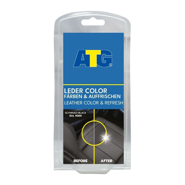 Verpackung von ATG® Lederfarbe schwarz in Schwarz, perfekt für Lederfarbe-Anforderungen. Das Bild zeigt einen Vorher- und Nachher-Effekt auf Leder, der eine Farbwiederherstellung und Kratzerverdeckung anzeigt. Die Verpackung enthält das ATG GmbH & Co. KG-Branding und eine Beschreibung in Deutsch.