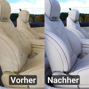 Der Vergleich von Autositzen mit der Aufschrift „Vorher“ und „Nachher“ zeigt verfärbte und saubere Polster und verdeutlicht, wie effektiv ATG® Lederfarbe weiß von ATG GmbH & Co. KG Kratzer abdecken kann.