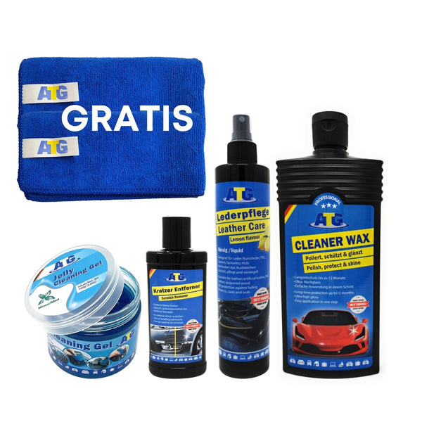 Das ATG® Autopflege Starter-Set der ATG GmbH & Co. KG beinhaltet 2 Mikrofasertücher, Kratzerentferner, Reinigungsgel, Lederpflegespray und Reinigungswachs.