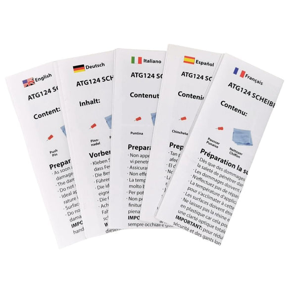 Bedienungsanleitungen für das ATG® Steinschlag Reparaturset mit UV-Licht von ATG GmbH & Co. KG werden in fünf Sprachen angezeigt: Englisch, Deutsch, Italienisch, Spanisch und Französisch.