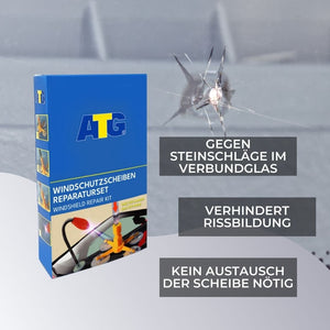 Eine blaue Box mit der Aufschrift „ATG® Steinschlag-Reparaturset mit UV-Licht“ von ATG GmbH & Co. KG ist vor dem Hintergrund einer gerissenen Windschutzscheibe mit Aufzählungspunkten abgebildet, die die Funktionsweise in deutscher Sprache angeben. Dieses DIY-Reparaturset macht die Steinschlag-Reparatur einfach und effizient.