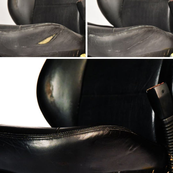 Vier Bilder eines schwarzen Ledersessels im luxuriösen ATG® Multi Leder Color Reparaturset-Design, entworfen von der ATG GmbH & Co. KG.