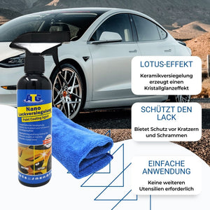 Ein Auto mit einem blauen Tuch und einer Flasche ATG® Nano-Lackversiegelung mit Mikrofasertuch - SPARSET der ATG GmbH & Co. KG.