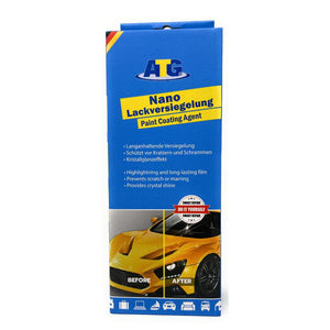 Ein Paket mit einem gelben Auto und einem gelben Karton, mit Nanotechnologie für eine ATG® Nano-Lackversiegelung mit Mikrofasertuch der ATG GmbH & Co. KG, sowie einem wichtigen SEO-Keyword: Nano-Lackversiegelung.