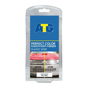 Eine Packung ATG® Perfect Color - Kunststoff & PVC Färbeset weiß für einen Volkswagen, das durch den Einsatz von Kunststoffarbe der ATG GmbH & Co. KG für ein glänzendes Finish auf Kunststoffoberflächen sorgt.