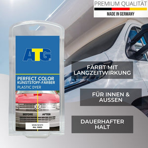Ein VW-Van der ATG GmbH & Co. KG mit einem Schild mit der Aufschrift „ATG® Perfect Color – Kunststoff & PVC Färbeset weiß“.