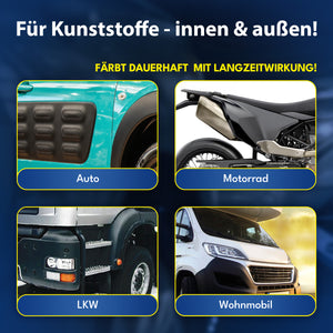 Anzeige für das ATG® Perfect Color - Kunststoff & PVC Färbeset schwarz 2er Set der ATG GmbH & Co. KG mit leuchtenden Kunststofffarbapplikationen auf Autos, Motorrädern, LKWs und Wohnmobilen. Der deutsche Text lobt die Haltbarkeit auf verschiedenen Oberflächen – ideal zum Auffrischen von Outdoor-Artikeln wie Gartenmöbeln.