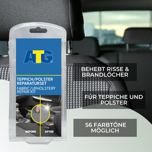 Verpackung eines ATG® Auto-Teppich und Polster Reparatursets von ATG GmbH & Co. KG, platziert auf einem Autositz. Die Verpackung hebt die Fähigkeit des Produkts hervor, Risse und Brandlöcher in Polstern zu reparieren. Es sind 56 Farboptionen erhältlich. Perfekt für die Reparatur von Autositzen und Möbeln.