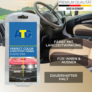 Ein VW Polo mit ATG® Perfect Color – Kunststoff & PVC Färbeset anthrazit in verschiedenen Kunststoffarbefarben, mit einem Auto im Hintergrund.