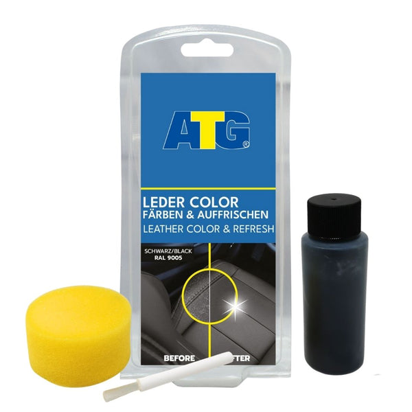 Eine gelbe Flasche ATG® Leder & Kunstleder Farbe schwarz, ein Autopflegeprodukt der ATG GmbH & Co. KG, dazu ein Pinsel.