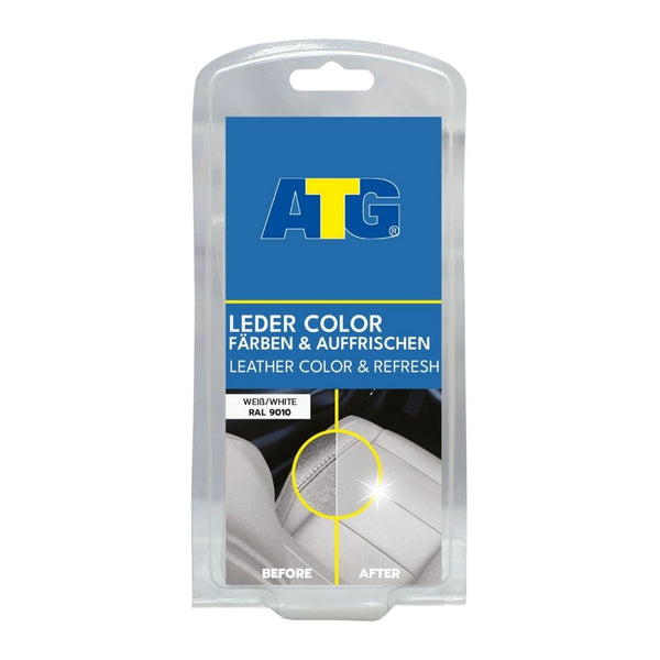 Eine Packung mit ATG® Leder & Kunstleder Farbe weiß, einer Farbe für Lederprodukte der ATG GmbH & Co. KG.