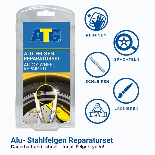 Ein Reifenreparaturset mit ATG® Alu-Felgen Reparaturset zum Beheben von Kratzern und Schrammen auf der Oberfläche.