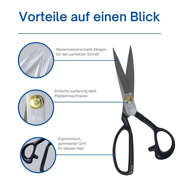 Ein Bild einer Sattlerschere-Schere der ATG GmbH & Co. KG mit Anleitung zur Verwendung für präzises Schneiden von Leder.