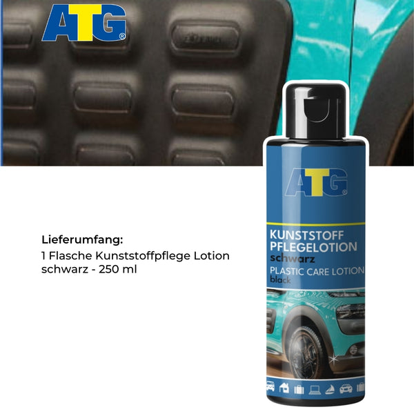 Eine 250 ml Flasche ATG® Kunststoff-Pflegelotion Schwarz von der ATG GmbH & Co. KG. Auf der Flasche steht „KUNSTSTOFF PFLEGELOTION schwarz PLASTIC CARE LOTION black“. Ideal zur Kunststoffpflege und Pflege für Autoinnenräume.