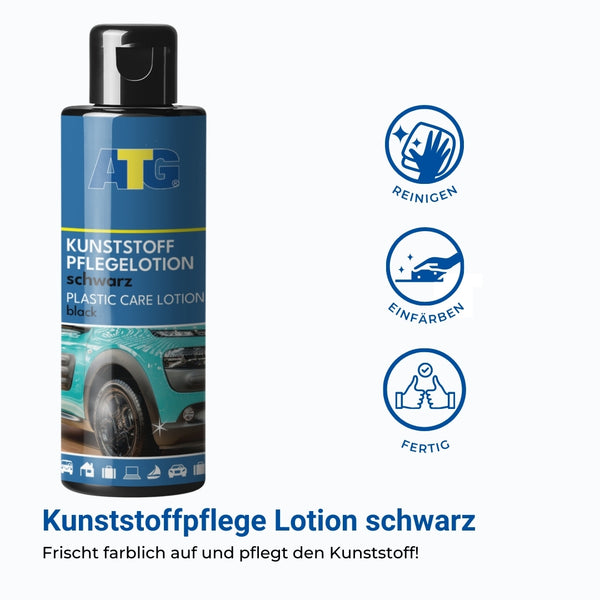 Eine Flasche ATG® Kunststoff-Pflegelotion Schwarz der ATG GmbH & Co. KG eignet sich perfekt zum Auffrischen und Pflegen von Kunststoffoberflächen. Mit Symbolen und deutschem Text versehen, beschreibt sie detailliert ihre Eigenschaften zum Reinigen, Färben und Veredeln und ist somit ideal für die Pflege von Autoinnenräumen.