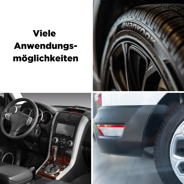 Collage, die verschiedene Teile eines Autos zeigt: eine Nahaufnahme eines Reifens, das mit ATG® Kunststoff-Pflegelotion Schwarz von ATG GmbH & Co. KG hervorgehobene Armaturenbrett im Innenraum sowie die Heckstoßstange und das Rücklicht. Der deutsche Text auf der linken Seite lautet „Viele Anwendungsmöglichkeiten“.