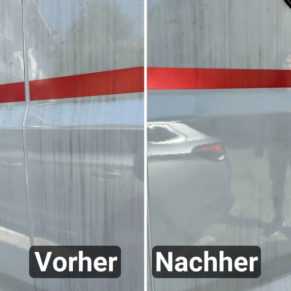 Vergleich einer Fahrzeugoberfläche vor und nach der Reinigung. Die linke Seite mit der Aufschrift „Vorher“ ist verschmutzt, während die rechte Seite mit der Aufschrift „Nachher“ dank ATG® Cleaner Wax - Premium Wax für strahlenden Glanz von ATG GmbH & Co. KG in Hochglanz glänzt.