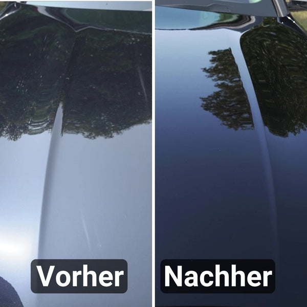 Ein direkter Vergleich einer Motorhaube vor („Vorher“) und nach („Nachher“) der Politur mit ATG® Cleaner Wax - Premium Wax für strahlenden Glanz von ATG GmbH & Co. KG zeigt eine deutliche Verbesserung des Oberflächenglanzes und der Reflexionsklarheit. Das Ergebnis ist ein atemberaubendes Hochglanz-Finish, das dem Auto ein makelloses Aussehen verleiht.