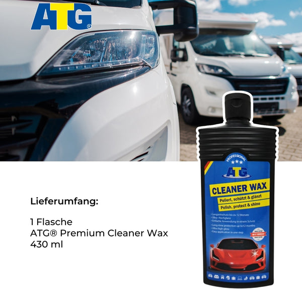 Bild der Flasche ATG® Cleaner Wax – Premium Wax für strahlenden Glanz vor einem geparkten weißen Lieferwagen in einer sonnigen Umgebung im Freien. Im Bildtext steht: „Lieferumfang: 1 Flasche ATG® Cleaner Wax – Premium Wax für strahlenden Glanz 430 ml“. Dieses mit Carnaubawachs angereicherte Wachs sorgt dafür, dass Ihr Fahrzeug in Hochglanz erstrahlt.