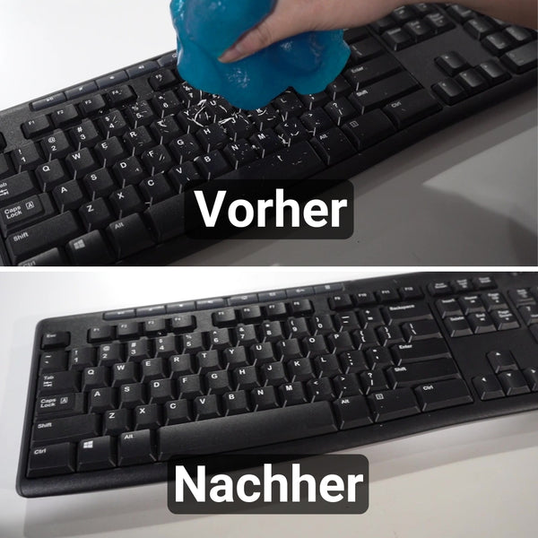 Bild oben: Eine Hand reinigt mit ATG® Jelly Cleaning Gel der ATG GmbH & Co. KG eine Tastatur mit der Aufschrift „Vorher“. Bild unten: Dieselbe Tastatur erscheint frei von Staub und Schmutz mit der Aufschrift „Nachher“.