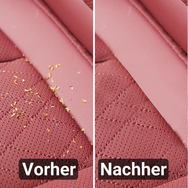 Nebeneinanderstellung eines rosa Autositzes mit Krümeln und der Aufschrift „Vorher“ und des gleichen Sitzes, sauber, frei von Staub und Schmutz, mit der Aufschrift „Nachher“, nach Verwendung von ATG® Jelly Reinigungsgel von ATG GmbH & Co. KG.