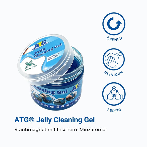 Ein geöffneter Behälter mit ATG® Jelly Cleaning Gel von ATG GmbH & Co. KG, mit illustrierten Anwendungssymbolen an der Seite, die anzeigen, dass er geöffnet, zum Reinigen von Lüftungsschlitzen und Oberflächen von Staub und Schmutz verwendet und anschließend verschlossen werden kann. Der Text lautet „ATG® Jelly Cleaning Gel, Staubmagnet mit frischem Minzaroma!“