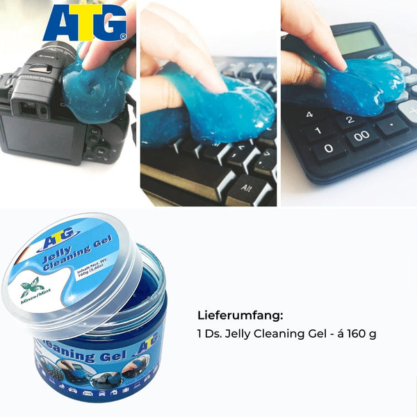 Collagenbild, das das blaue ATG® Jelly Cleaning Gel von ATG GmbH & Co. KG zeigt, das zum Reinigen einer Kamera, einer Computertastatur und eines Taschenrechners verwendet wird. Außerdem ist ein Behälter mit Staub und Schmutz Entferner der Marke ATG mit deutscher Produktbeschreibung zu sehen.