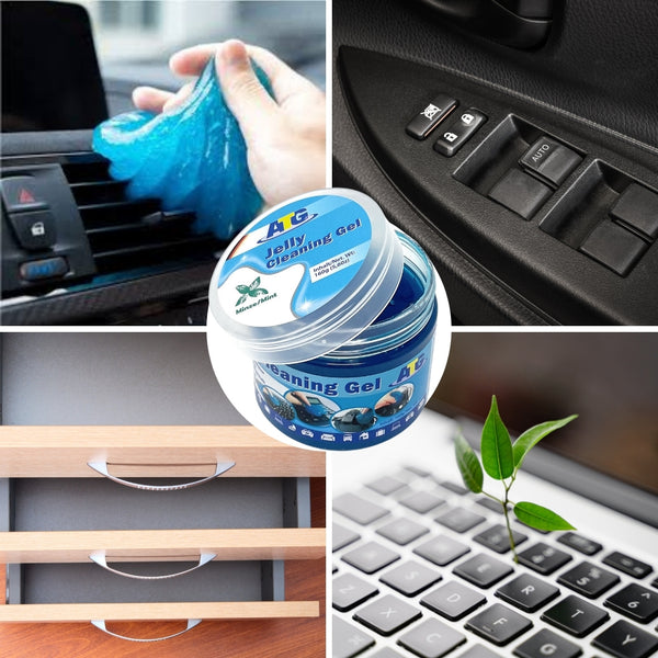 Collage aus Bildern, die ATG® Jelly Cleaning Gel von ATG GmbH & Co. KG bei der Anwendung auf Autolüftungen, einer Autotür-Schalttafel, in einer Schublade und auf einer Laptop-Tastatur zeigen. In der Mitte ist ein Glas Reinigungsgel zu sehen, das sich perfekt zum Entfernen von Staub und Schmutz mit einem erfrischenden Minzduft eignet.