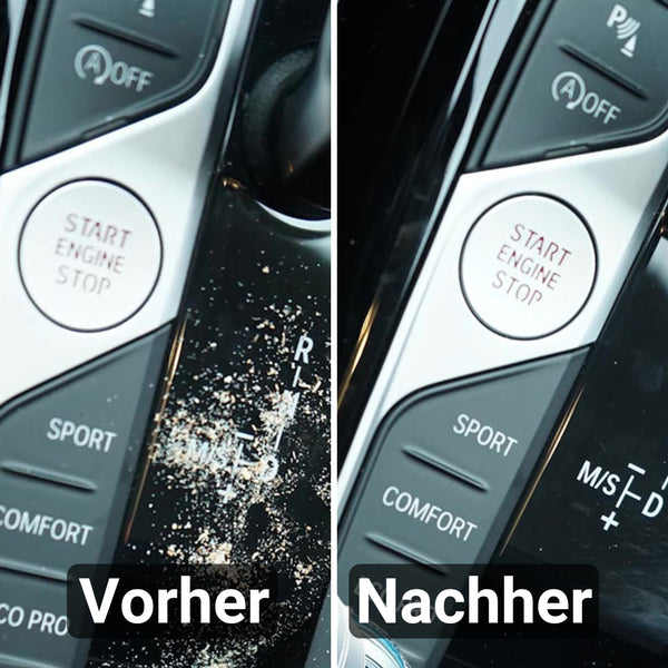 Eine Autokonsole mit einem „Start Engine Stop“-Knopf, links schmutzig („Vorher“) und rechts sauber („Nachher“), demonstriert die Wirksamkeit des ATG Jelly Cleaning Gel | 4er Set von ATG GmbH & Co. KG bei der Entfernung von Staub und Schmutz.