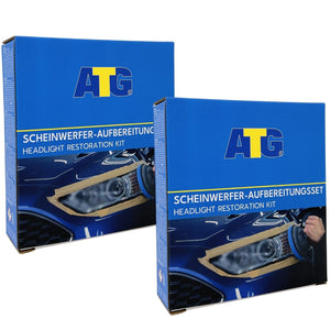 Zwei Kartons ATG® Scheinwerfer-Aufbereitungsset 2er Sparset-Scheinwerfer für ein blaues Auto.