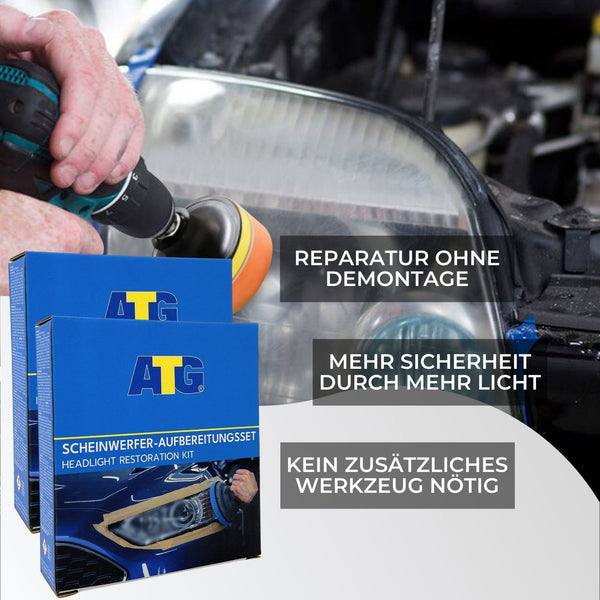 Ein Mann arbeitet mit einem ATG® Scheinwerfer-Aufbereitungsset 2er Sparset der ATG GmbH & Co. KG in der Hand an einem Auto.