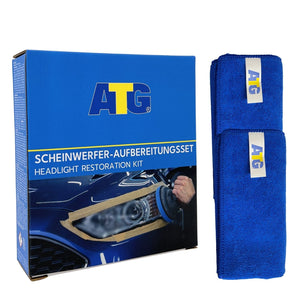 Ein blaues Tuch und eine Box sind im ATG® Scheinwerfer-Aufbereitungsset inkl. enthalten. 2 Mikrofasertücher, ein Reinigungsset, das speziell für die einfache Wiederherstellung von Scheinwerfern entwickelt wurde. Dieser Bausatz der ATG GmbH & Co. KG ist perfekt.