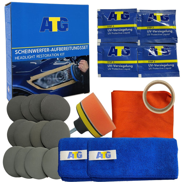 Ein ATG® Scheinwerfer-Aufbereitungsset inkl. 2 Mikrofasertücher mit blauem Tuch von ATG GmbH & Co. KG.