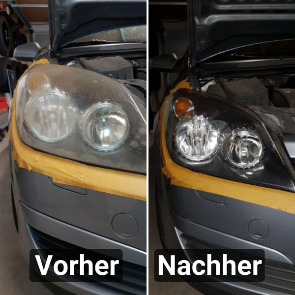 Ein Bild eines Autos mit gelbem und schwarzem Scheinwerfer zeigt die Wirksamkeit des ATG® Scheinwerfer-Aufbereitungssets inkl. 2 Mikrofasertücher der ATG GmbH & Co. KG sorgen für Sicherheit im Straßenverkehr.