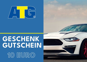 Ein ATG®-Geschenkgutschein Ford Mustang mit der Aufschrift „Geschenkgutschein“ und „Autopflegeprodukte“ für 10 Euro.