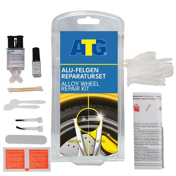 Das ATG® Alu-Felgen Reparaturset der ATG GmbH & Co. KG ist perfekt für Heimwerker und enthält eine Reihe von Werkzeugen, Handschuhen und klaren Anweisungen. Es ist mit einem auffälligen blau-gelben Etikett mit der Aufschrift „ATG“ verpackt, das den Felgenreparaturprozess vereinfacht.