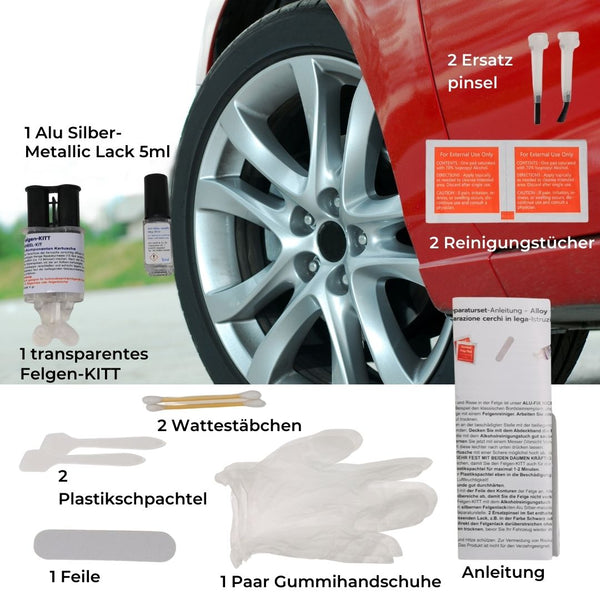 Das ATG® Alu-Felgen Reparaturset der ATG GmbH & Co. KG bietet eine nahtlose Felgenreparatur mit einem umfangreichen Set inklusive Silbermetallic-Lack, zwei Ersatzpinseln, zwei Reinigungstüchern, transparentem Felgenfix, zwei Wattestäbchen, zwei Kunststoffspateln, einer Feile, Handschuhen und einer ausführlichen Anleitung.