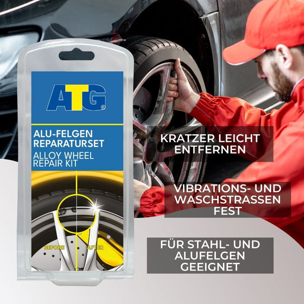 In einer roten Uniform arbeitet eine Person fleißig an einem Autorad und verwendet dafür das „ATG® Alu-Felgen Reparaturset“ der ATG GmbH & Co. KG. Dieses Set ist ideal für DIY-Alufelgenprojekte und bietet Funktionen wie Kratzerentfernung und Kompatibilität mit Stahl- und Leichtmetallrädern.