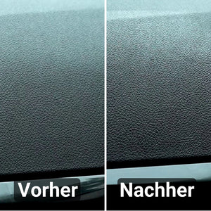 Der Vergleich eines Armaturenbretts vor (links) und nach (rechts) der Verwendung von ATG® Auto Leder und Cockpitpflege Spray von ATG GmbH & Co. KG zeigt eine sauberere, glattere Textur mit dem zusätzlichen Bonus eines erfrischenden Zitrusdufts für ein besseres Fahrerlebnis.