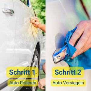 Mit dem ATG® Auto-Sparset Lack - Pflege DUO der ATG GmbH & Co. KG wird im 1. Schritt das Auto mit einem gelben Tuch und Cleaner Wax poliert, im 2. Schritt wird mit einem blauen Tuch eine Nanoversiegelung aufgetragen. Die Beschriftung lautet: „Schritt 1: Auto Polieren“ und „Schritt 2: Auto Versiegeln“.