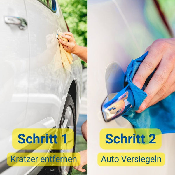 Zweistufiger Prozess zur Autopflege: Im ersten Schritt werden mit dem ATG® Auto-Sparset Lack - Reparatur und einem Tuch Kratzer entfernt, im zweiten Schritt wird mit demselben Set die Autooberfläche versiegelt und mit einem blauen Tuch die Vorzüge der Nanoversiegelung hervorgehoben.